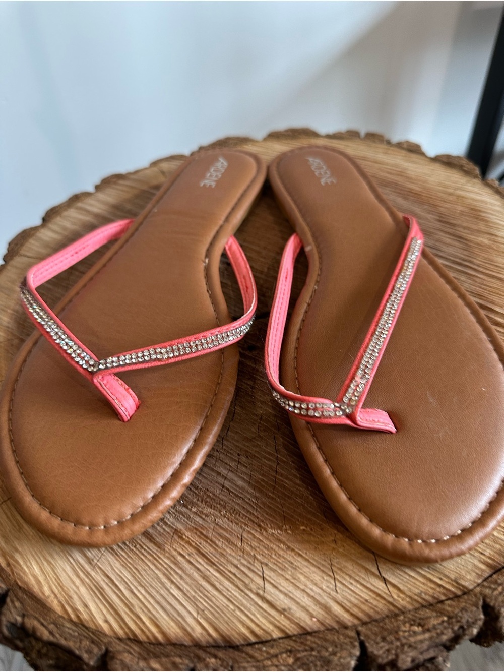 Xhilaration Pink Rhinestone Thong Sandals with Brown Footbed